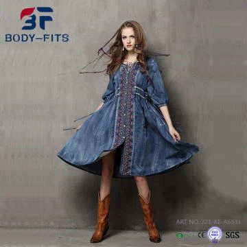 女性刺繍デニムドレス